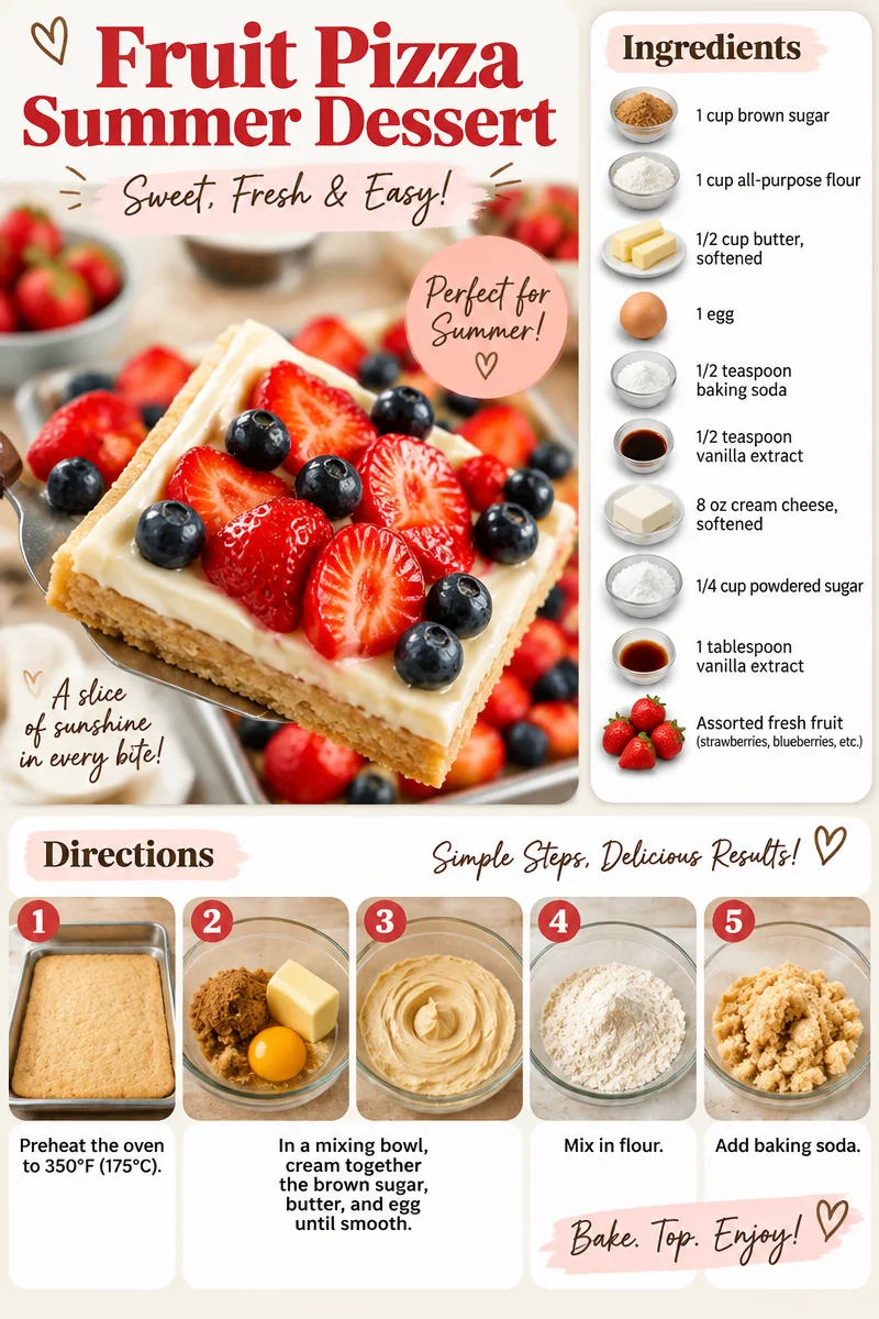 Colorful fruit pizza topped with fresh seasonal fruits for a summer dessert