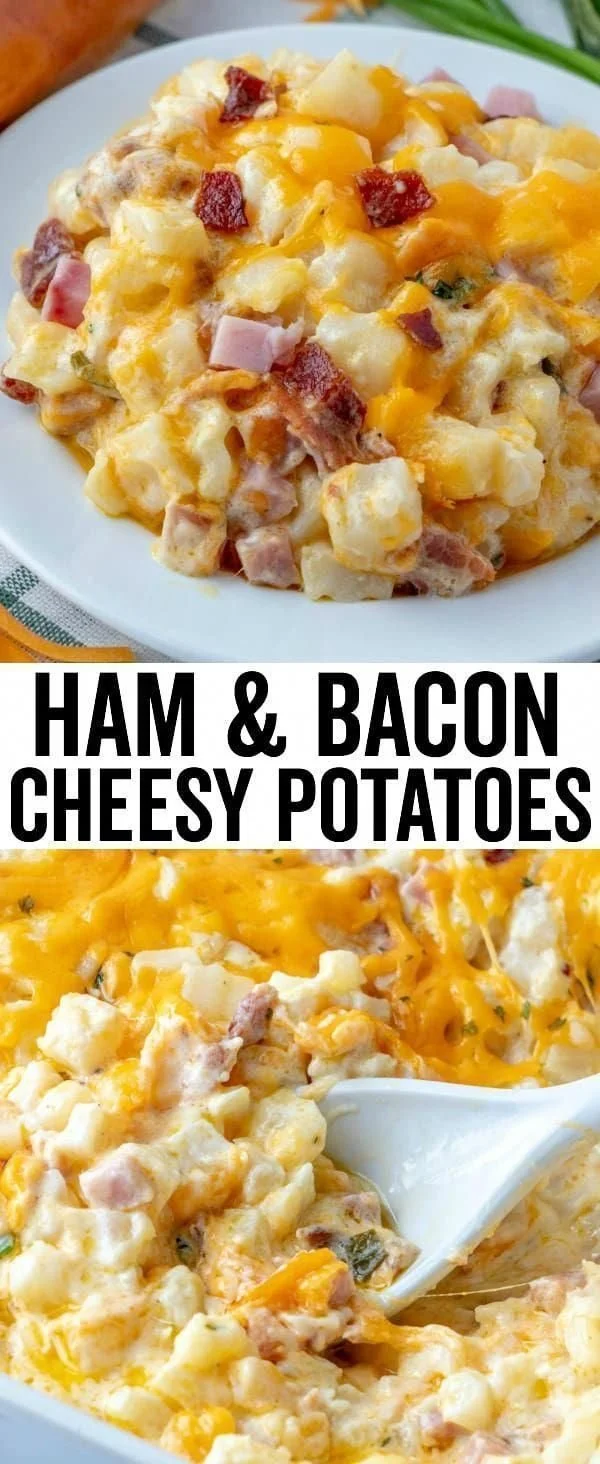 Ham and Bacon Cheesy Potatoes served in a dish