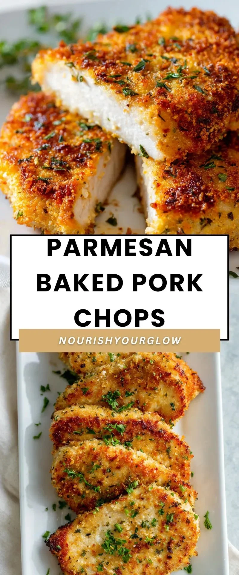 Delicious Parmesan Baked Pork Chops served on a plate with herbs