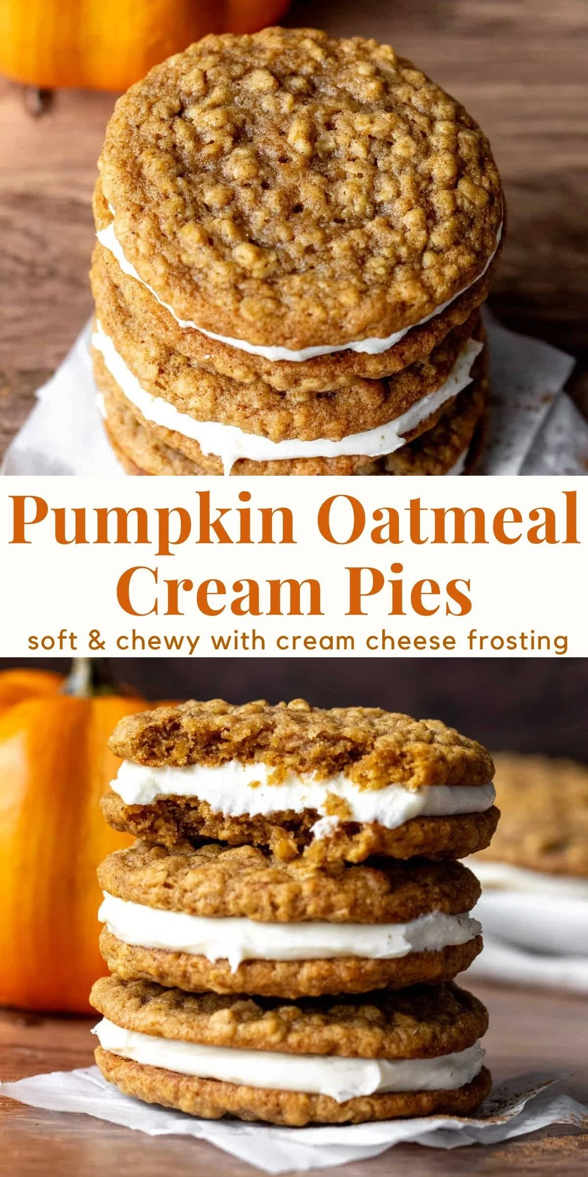 Delicious Pumpkin Oatmeal Cream Pies with creamy filling and soft oatmeal cookies