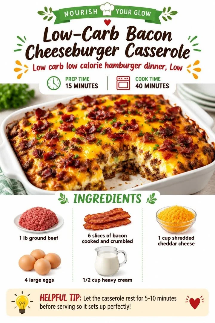 Savory low-carb bacon cheeseburger casserole in a baking dish