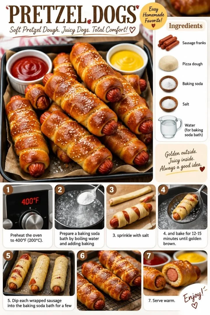 Homemade savory pretzel dogs with a golden-brown crust served with mustard.