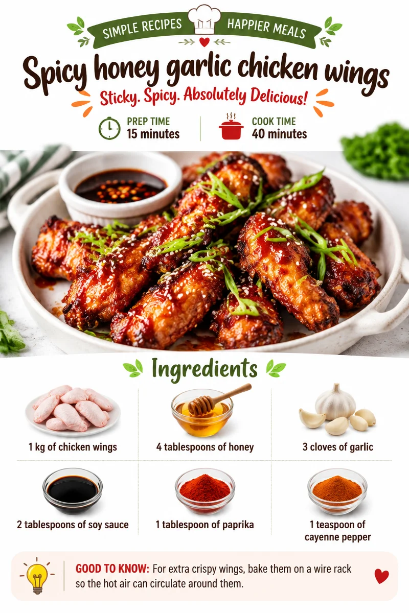 Spicy honey garlic chicken wings garnished with green onions