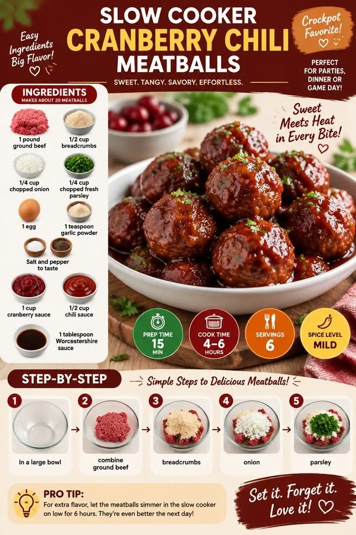 Slow cooker cranberry chili meatballs with a sweet and spicy glaze