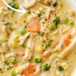 Delicious bowl of Chicken Pot Pie Soup with vegetables and chicken