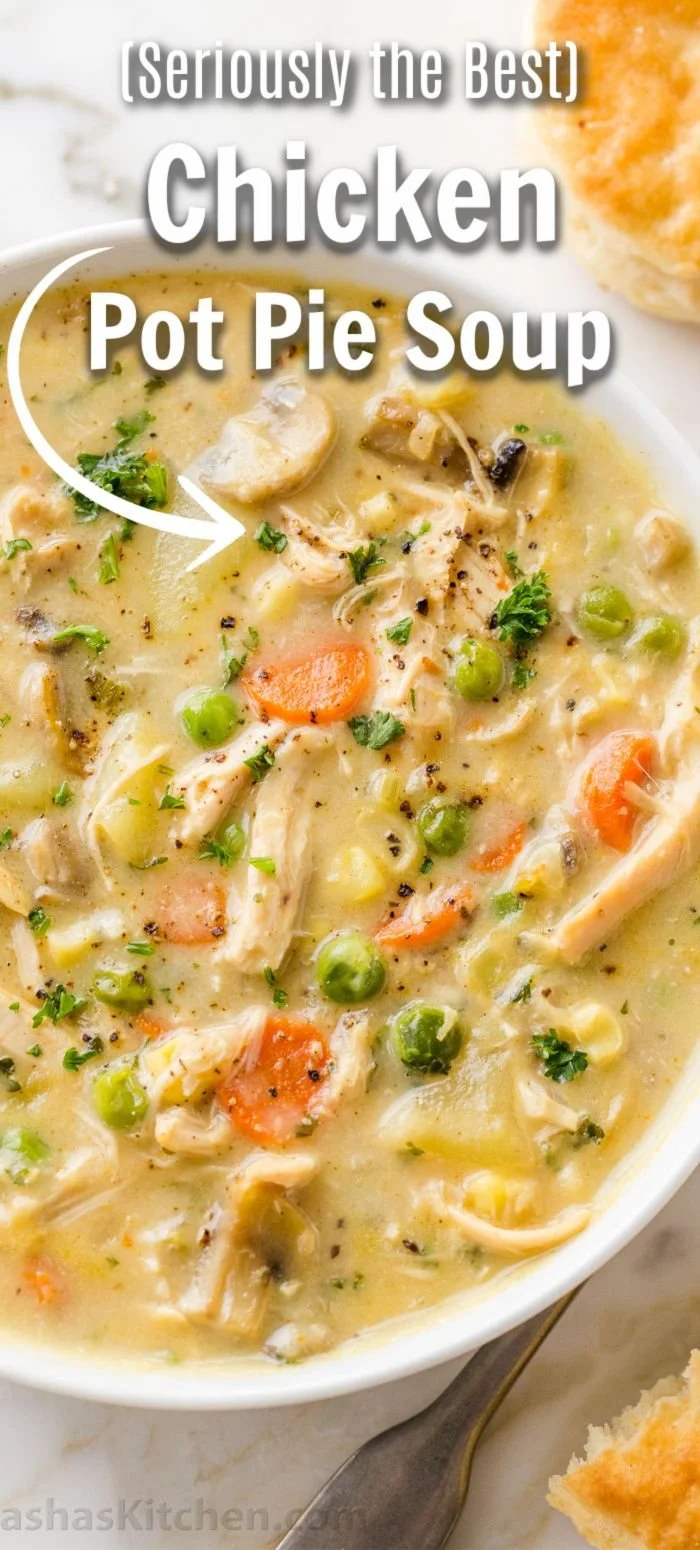 Delicious bowl of Chicken Pot Pie Soup with vegetables and chicken