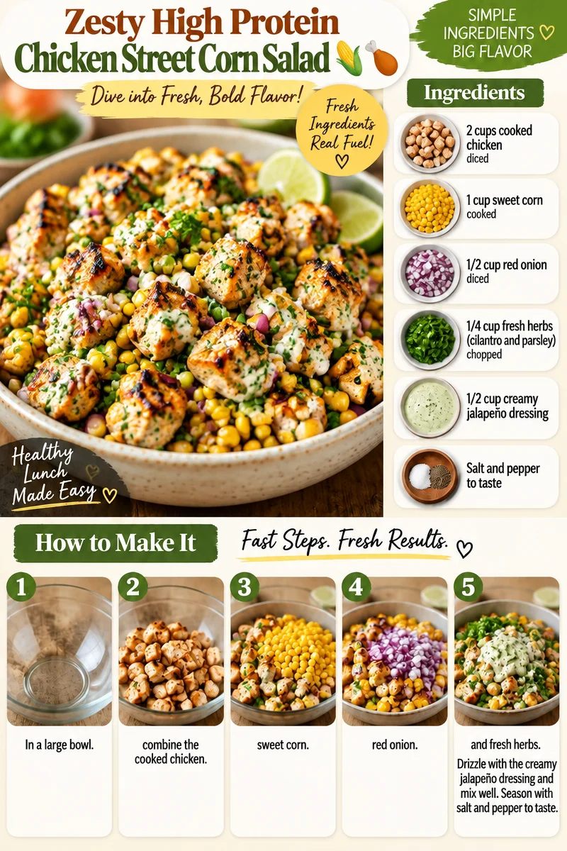 Zesty high protein chicken salad with street corn and fresh ingredients